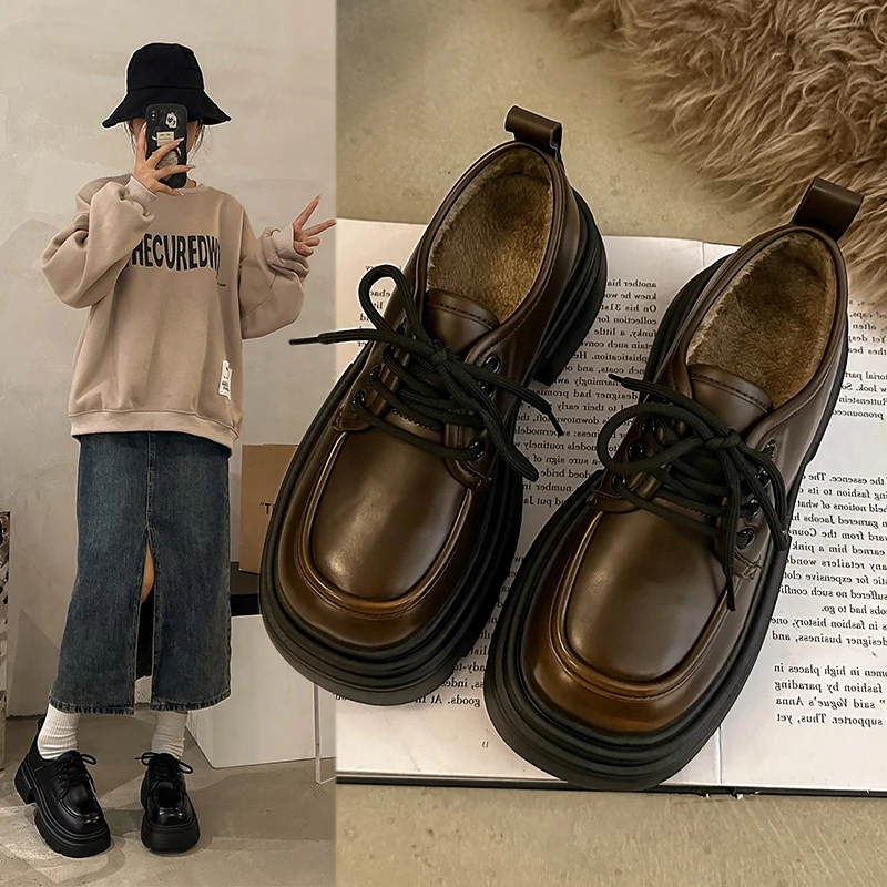 5公分/加绒厚底小皮鞋女圆头黑色学院风JK鞋百搭系带玛丽珍单鞋女