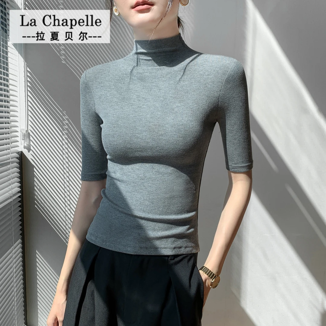 拉夏贝尔早秋半高领打底衫百搭修身显瘦t恤女半袖五分袖紧身上衣
