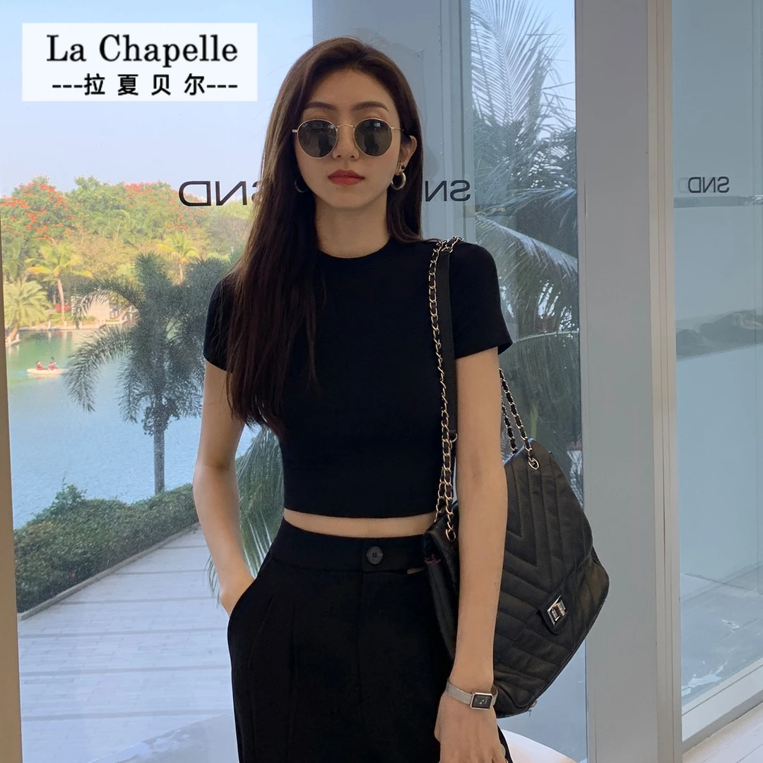 拉夏贝尔JS正肩短款上衣短袖T恤女露脐夏季修身百搭高腰ins打底衫