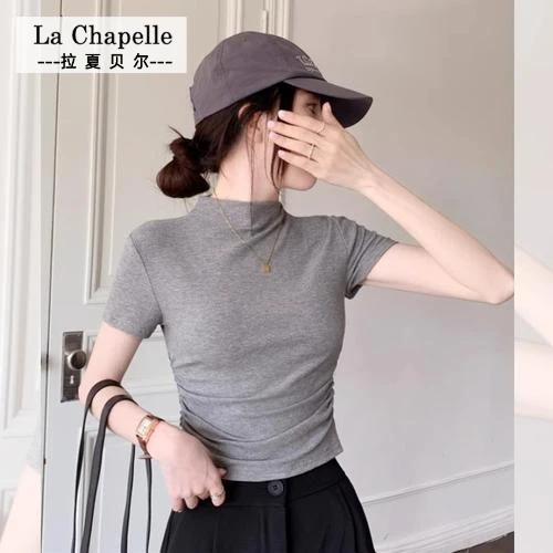 拉夏贝尔JS春秋半高领短袖打底衫女纯欲风小个子短款T恤别致上衣