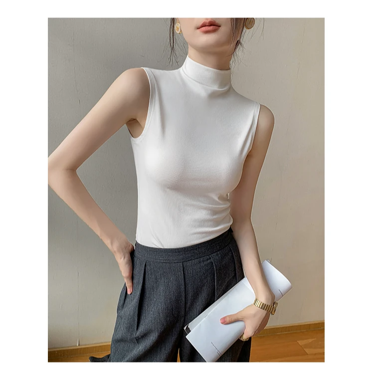 拉夏贝尔JS黑色螺纹棉无袖半高领背心女秋冬季洋气内搭打底衫外穿