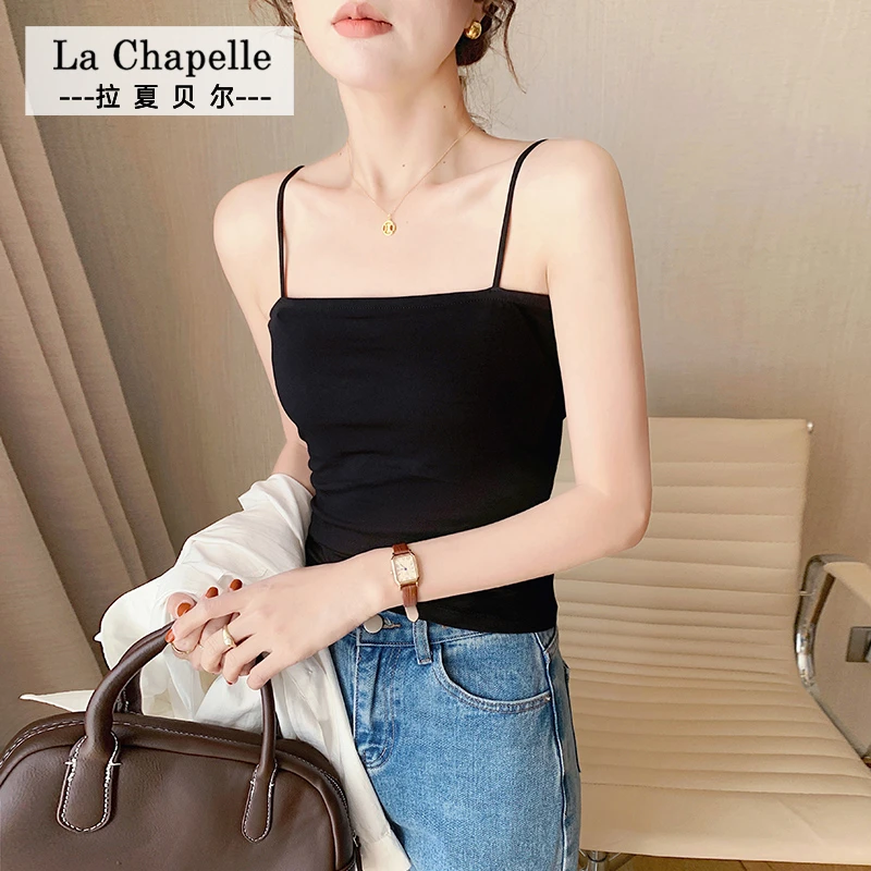 拉夏贝尔JS带胸垫黑色一字领抹胸短款露脐吊带背心女内搭外穿上衣