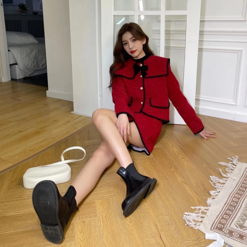 过蛇跨新年本命年战袍高级感穿搭订婚衣服红色小香风套装裙女秋冬