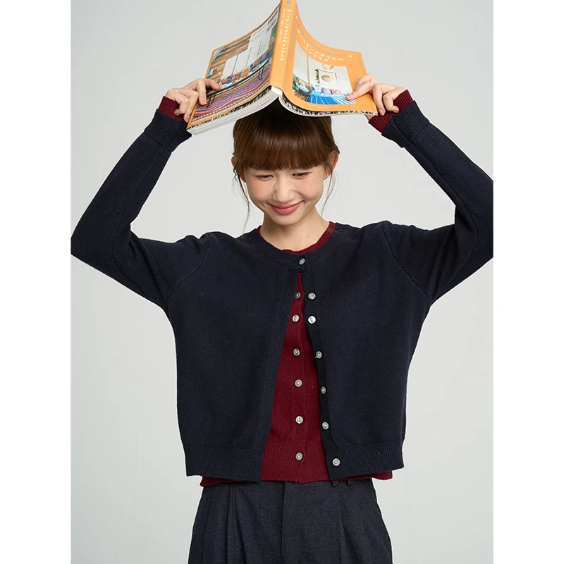 鹿与飞鸟双色拼色假两件毛针织开衫6379寸