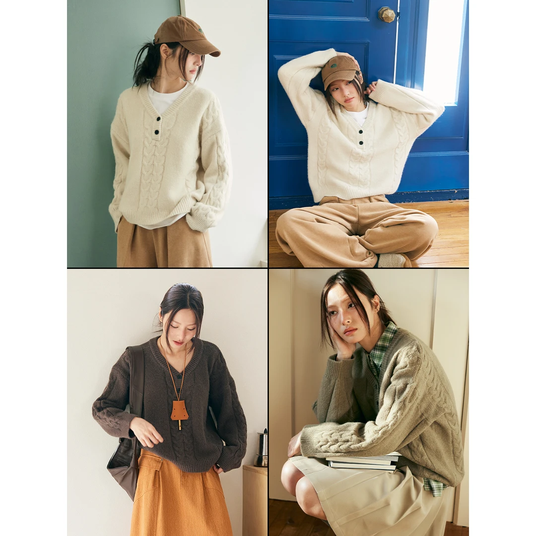 鹿与飞鸟[慵懒]“豆乳茶可可”复古三色V领套头绞花毛衣6206