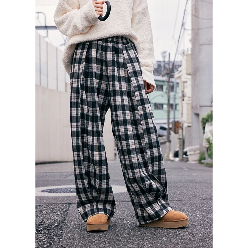 鹿与飞鸟“黑糖布丁”宽松直筒格纹松紧腰竖褶休闲裤6355