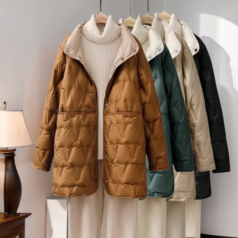 高档大码中年女装冬款妈妈装中长款羽绒服翻领轻便鸭绒大衣200斤