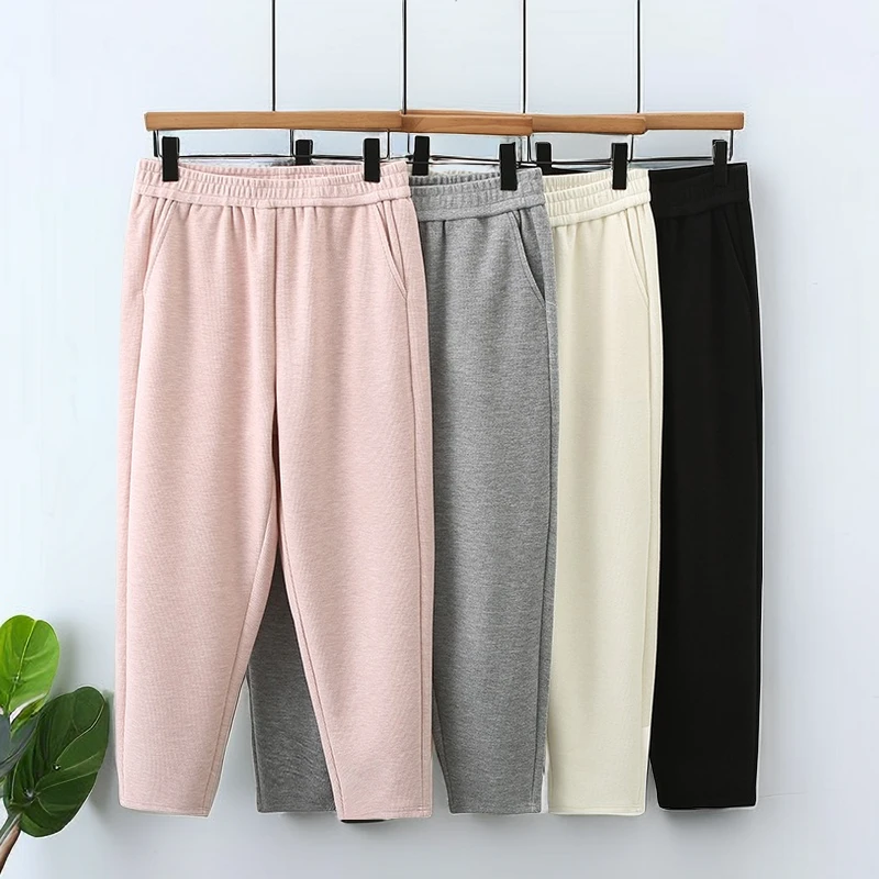 矮胖妈妈春秋裤子加肥加大码弹力腰毛呢裤休闲收脚长裤纯色卫裤厚