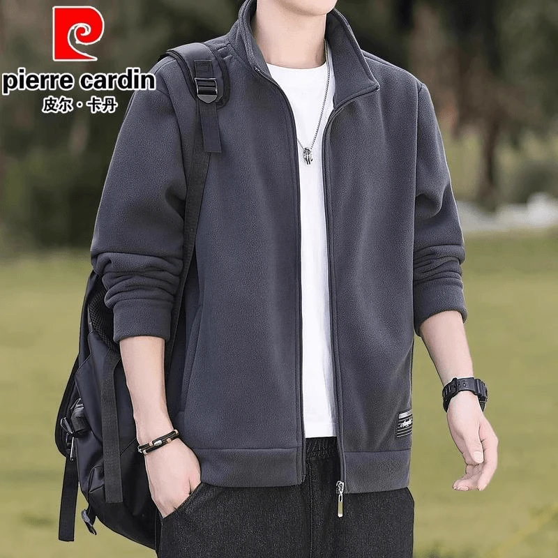皮尔卡丹秋冬保暖中老年外套男士立领开衫款加厚卫衣摇粒绒夹克男