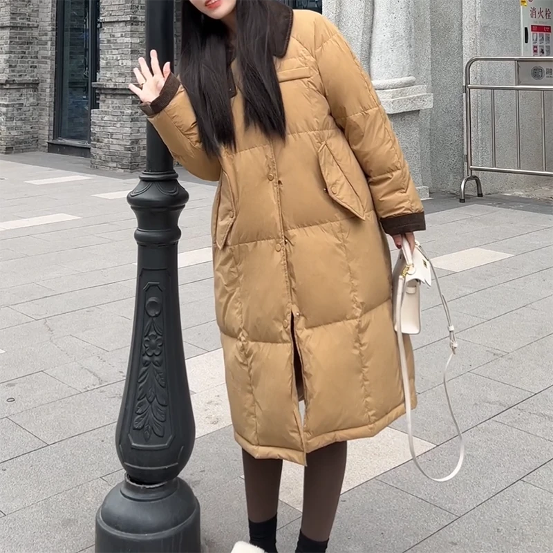 新国标90白鸭绒羽绒服显瘦中长款冬季拼接时尚保暖外套三防面料