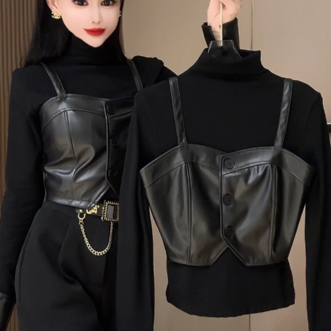 1285气质吊带背心拼接长袖打底上衣两件套