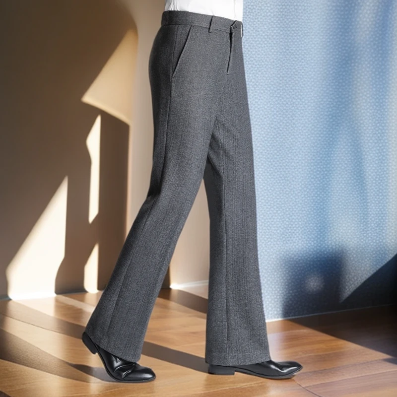 秋冬季高档人字呢微喇休闲裤男士垂感商务毛呢阔腿裤弹力新款长裤