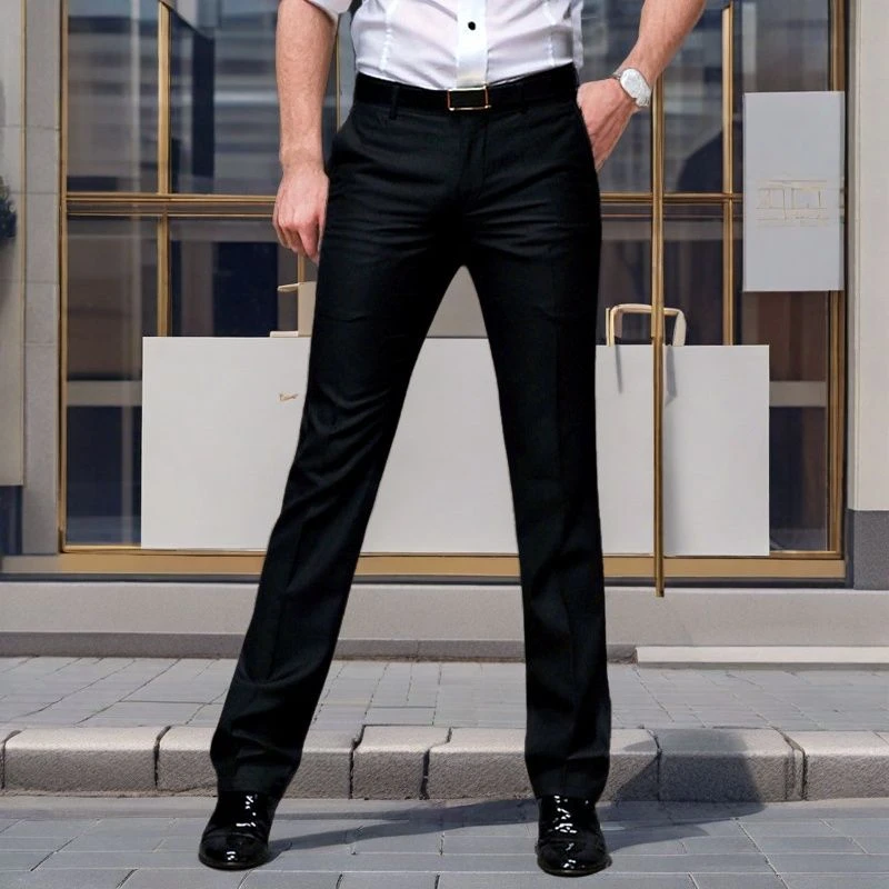 时尚新款弹力修身直筒裤男士黑色舒适商务男装西裤垂感高档西装裤