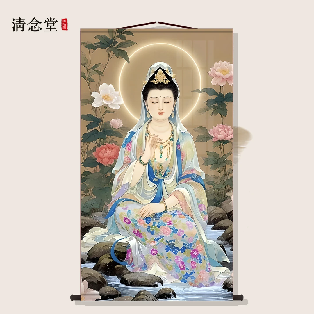 竹林中观自在 普陀山中观世音菩萨画像 佛堂客厅卷轴挂画丝绸画