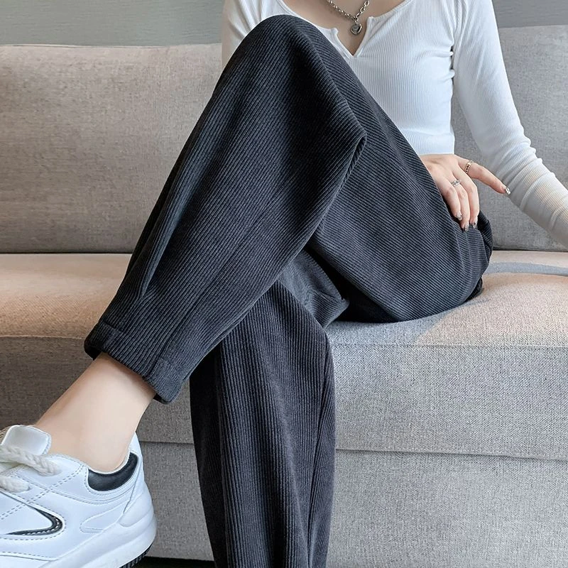 新款休闲裤女欧棉绒细条中高腰显瘦时尚百搭运动宽松萝卜哈伦裤