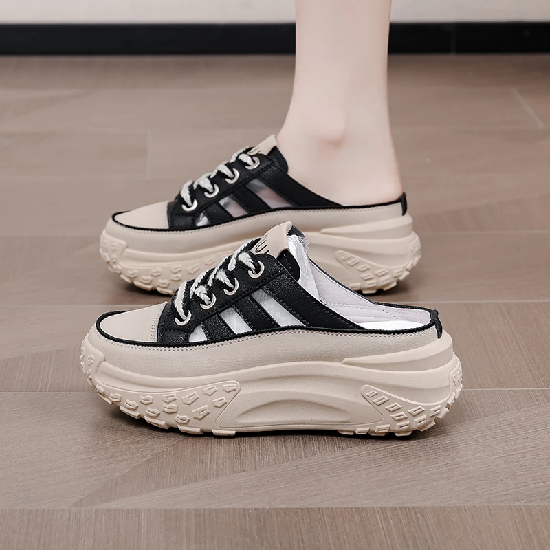 半拖小白鞋女2024夏季新款包头外穿厚底拖鞋一脚蹬懒人凉拖 笑一3