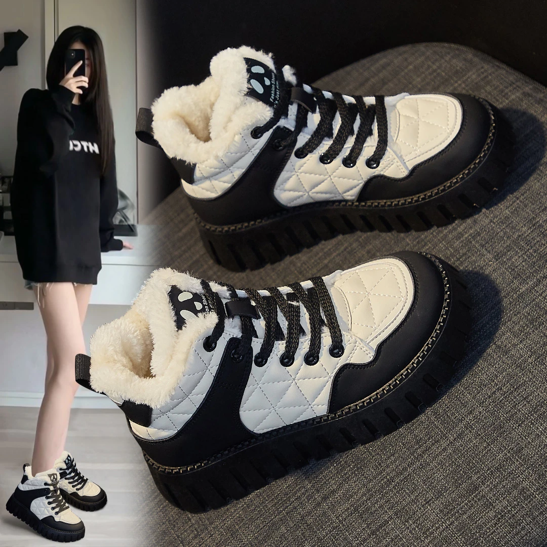 爆款高帮鞋女2023冬季厚底百搭软底加绒保暖板鞋运动棉鞋KT2512-2