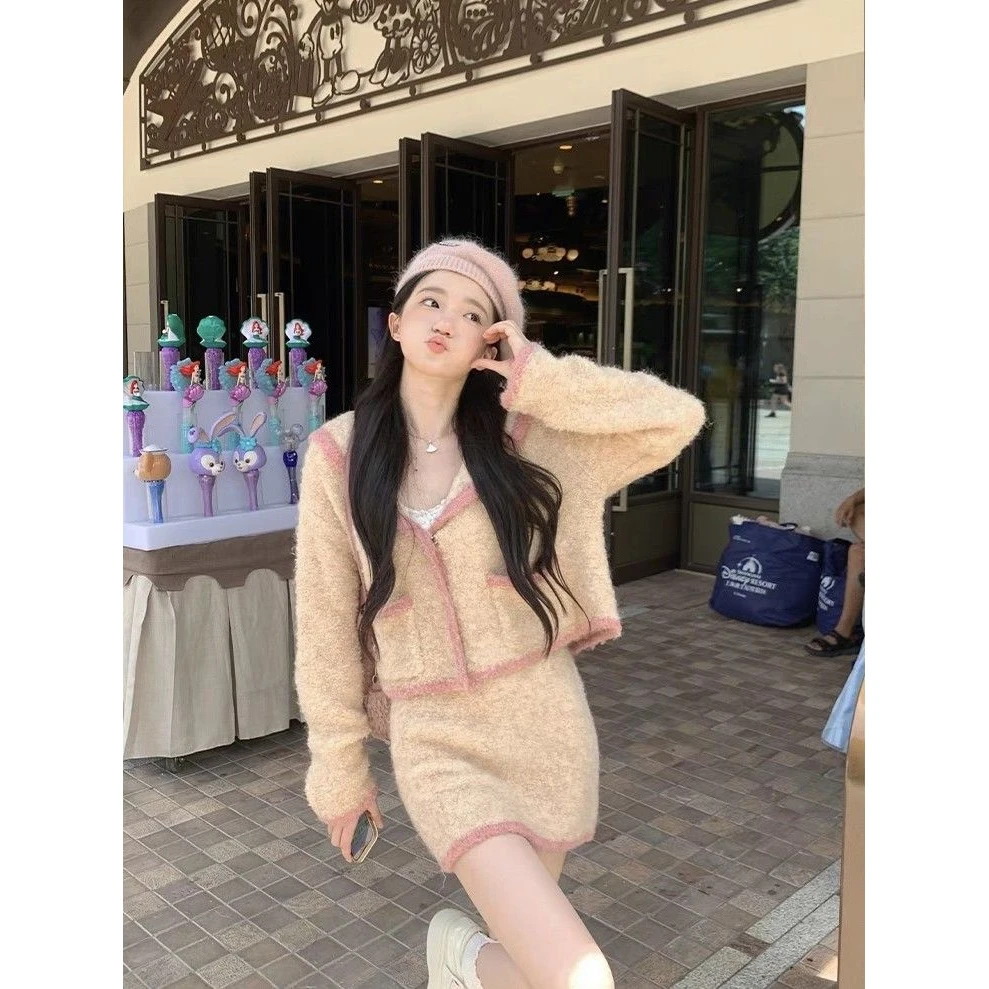 温柔系草莓糯叽叽海军领甜美开衫+粉杏半身裙2023秋冬毛衣套装wh