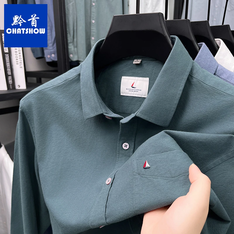 高档男士纯棉长袖衬衫新款真口袋刺绣修身中青年商务休闲百搭修身