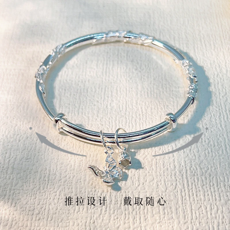 足银手镯 纯银9999繁花手镯贴花玫瑰蝴蝶推拉镯子手工小众银手镯