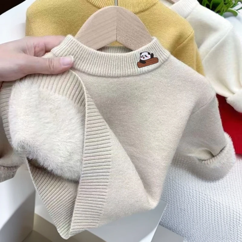 2025男女童简约针织秋冬毛衣春秋新款黑白小熊可爱刺绣女童针织杉