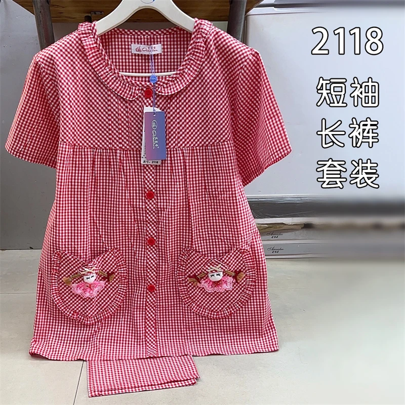 艾贝芬红格子大码薄款前扣短袖长裤套纯棉睡衣套家居服月子服女夏