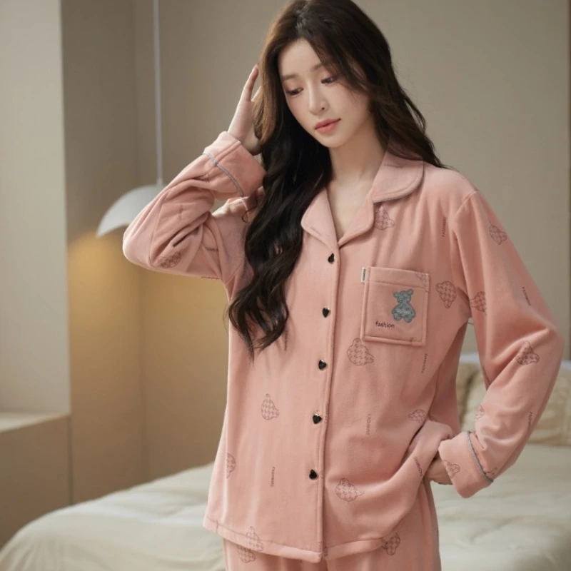 莎丹海岛绒睡衣女秋冬季薄款加绒保暖大码冬天珊瑚绒家居服套装