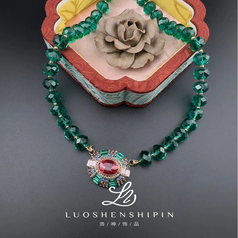铜合金琉璃项链 西洋镶嵌锆石绿色项链耳饰套组 链长40cm 0923