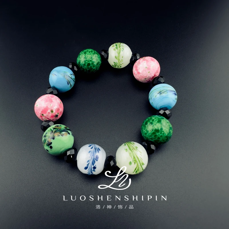 铜合金手链 复古凤尾点翠17mm琉璃弹力绳手串  0761