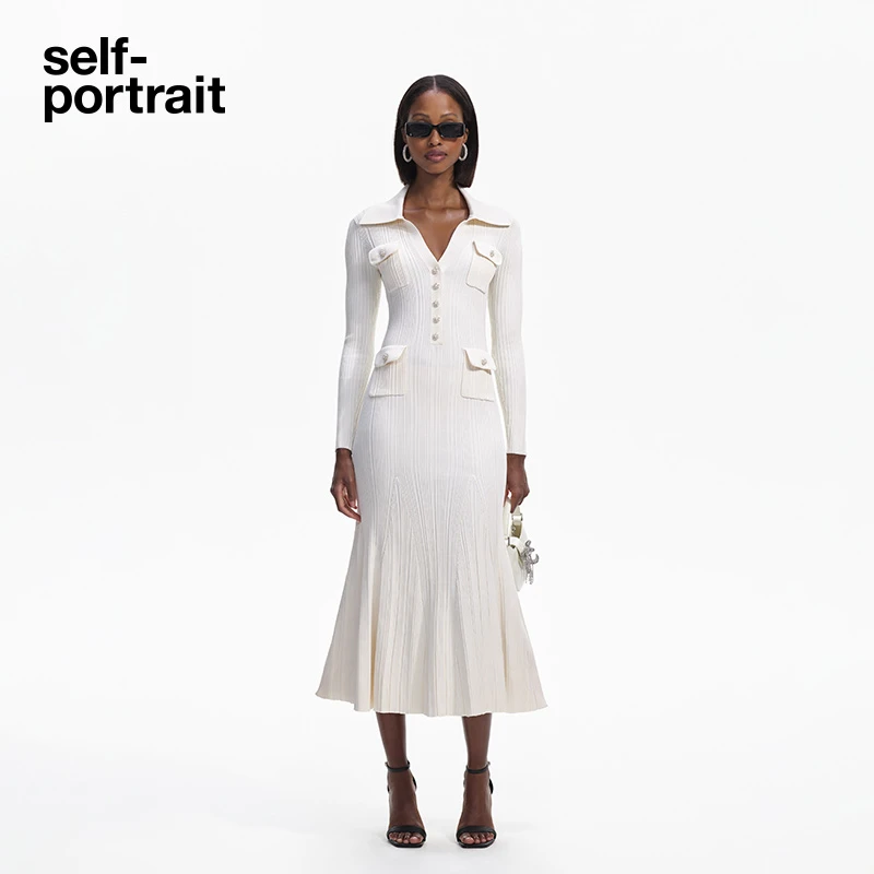 self-portrait 新款精致优雅罗纹针织领长袖针织长裙