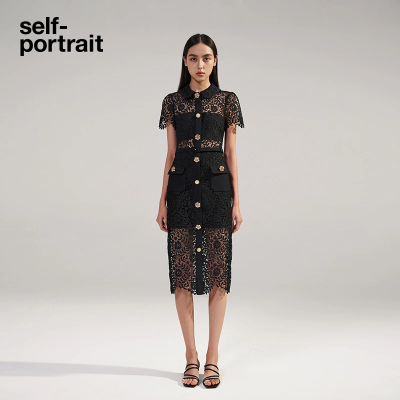 【奥莱】self-portrait 手工定制夏经典黑娃娃领蕾丝收腰直筒连衣裙