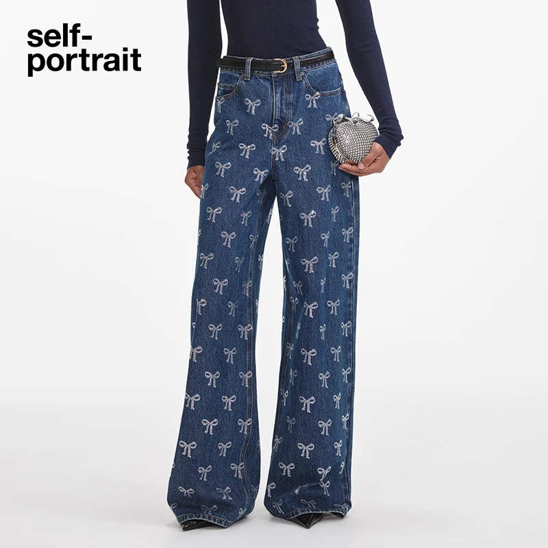 self-portrait 牛仔蓝满钻蝴蝶结时尚直筒阔腿裤长裤牛仔裤