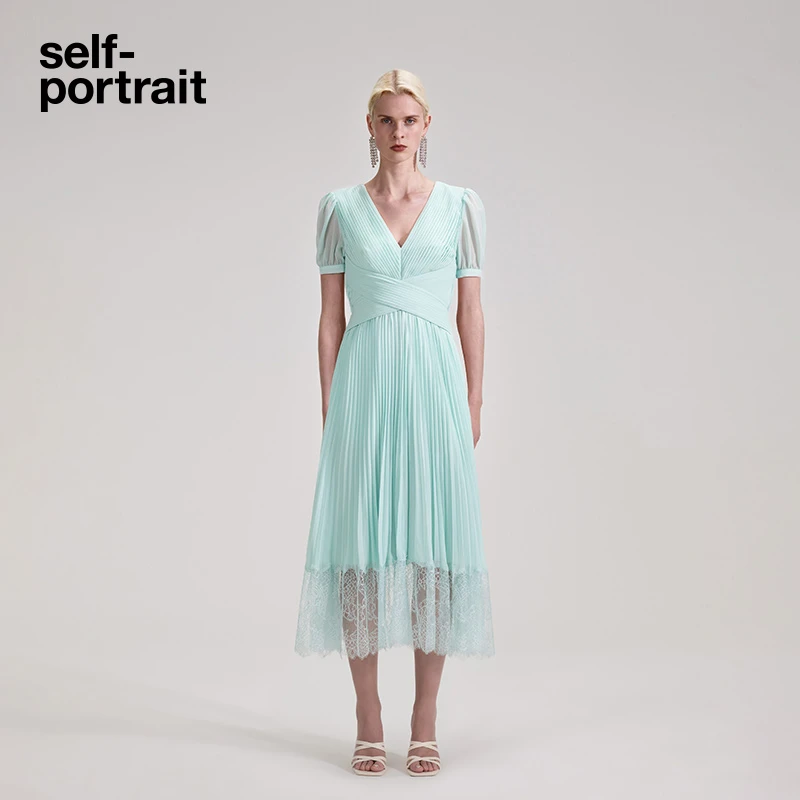 [奥莱]self-portrait 手工定制薄雾蓝雪纺蕾丝v领气质连衣裙