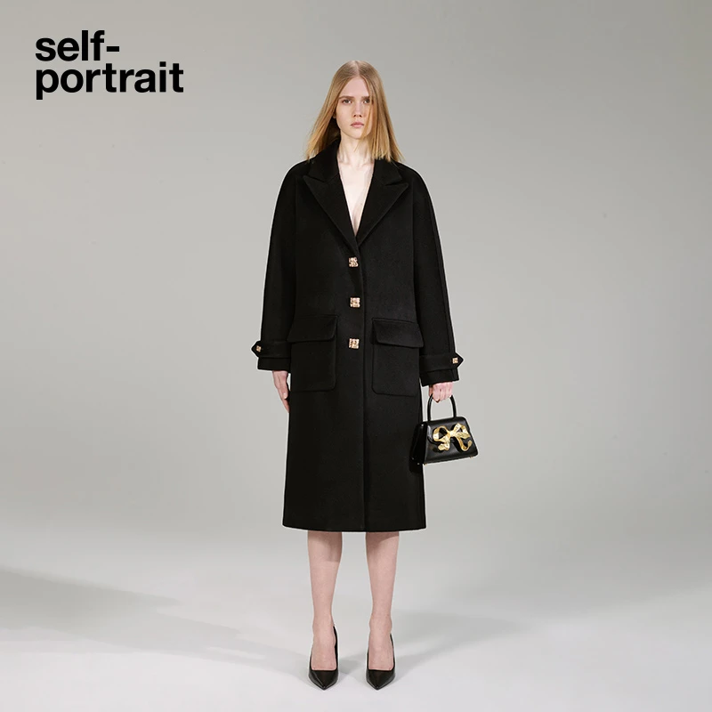【奥莱】self-portrait 秋冬经典黑宽松廓形长款大衣时尚毛呢黑色