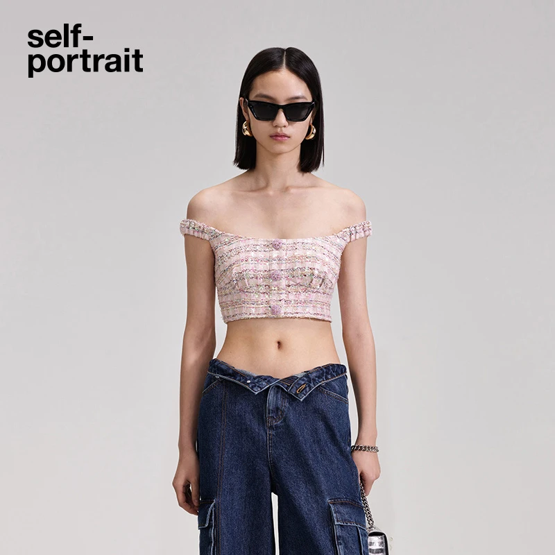 [奥莱]self-portrait 粉红色气质甜酷亮片无领无袖背心上衣