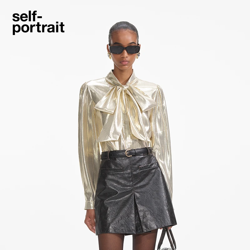 self-portrait 2025新款金色鎏金光泽感蝴蝶结衬衫上衣气质