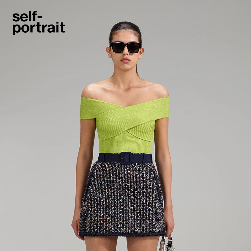 [奥莱]self-portrait 果绿色一字肩修身百搭针织上衣