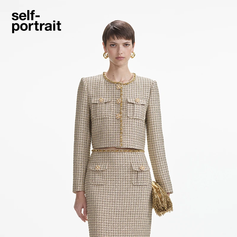self-portrait 流光风气质金色小香风编织粗花呢外套