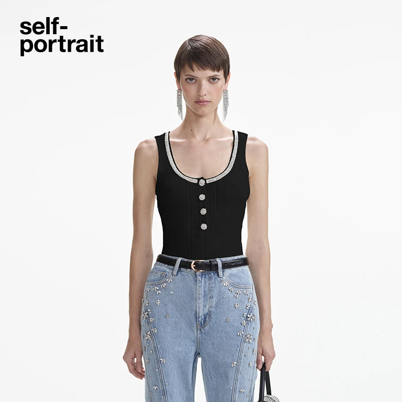self-portrait 早秋经典黑钻饰修身百搭针织吊带上衣高级感