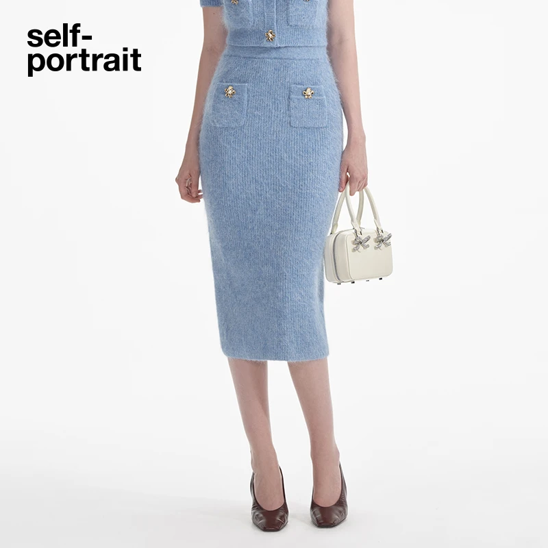 【奥莱】self-portrait 秋冬薄雾蓝甜美千金风针织包臀半身裙高级感