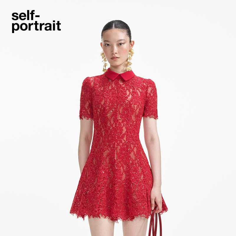 self-portrait 2025春夏正红色翻领短袖收腰订婚蕾丝连衣裙短裙