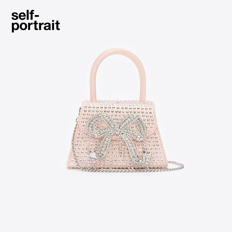 [奥莱]self-portrait 时尚粉红色micro银色蝴蝶结心形钻手提包