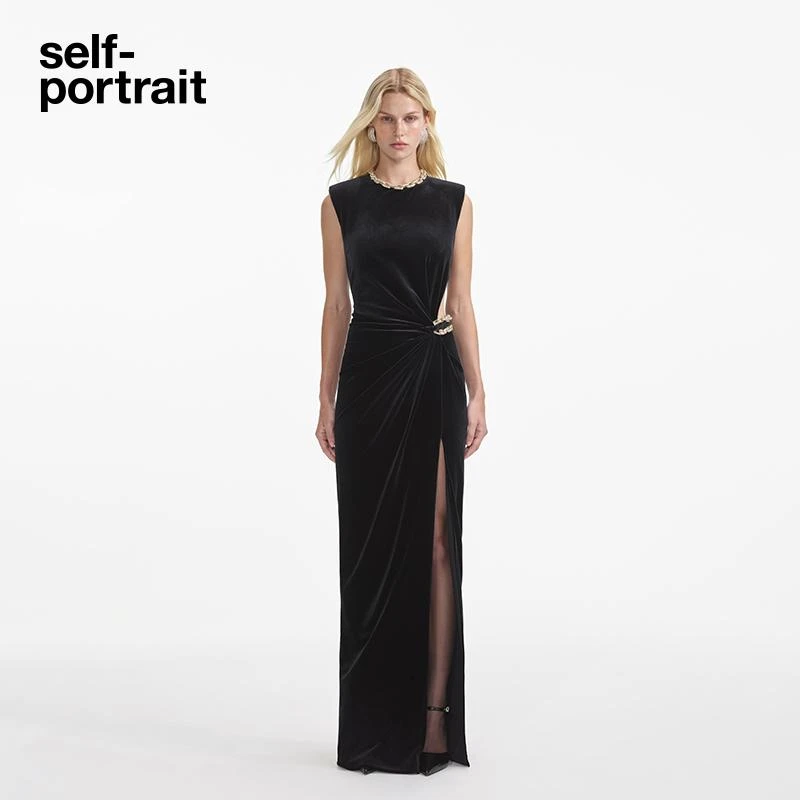 self-portrait 经典黑高级感气质钻链饰边丝绒无袖礼服连衣裙
