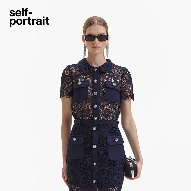 self-portrait 春夏新款深藏蓝短袖口袋装饰优雅蕾丝上衣