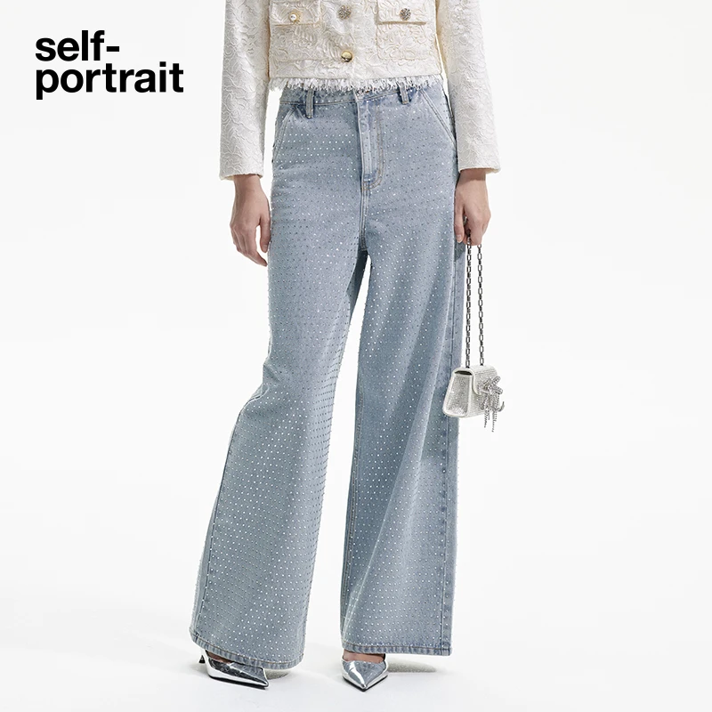 【腔调穿搭】self-portrait 牛仔蓝贴钻阔腿裤牛仔裤长裤直筒