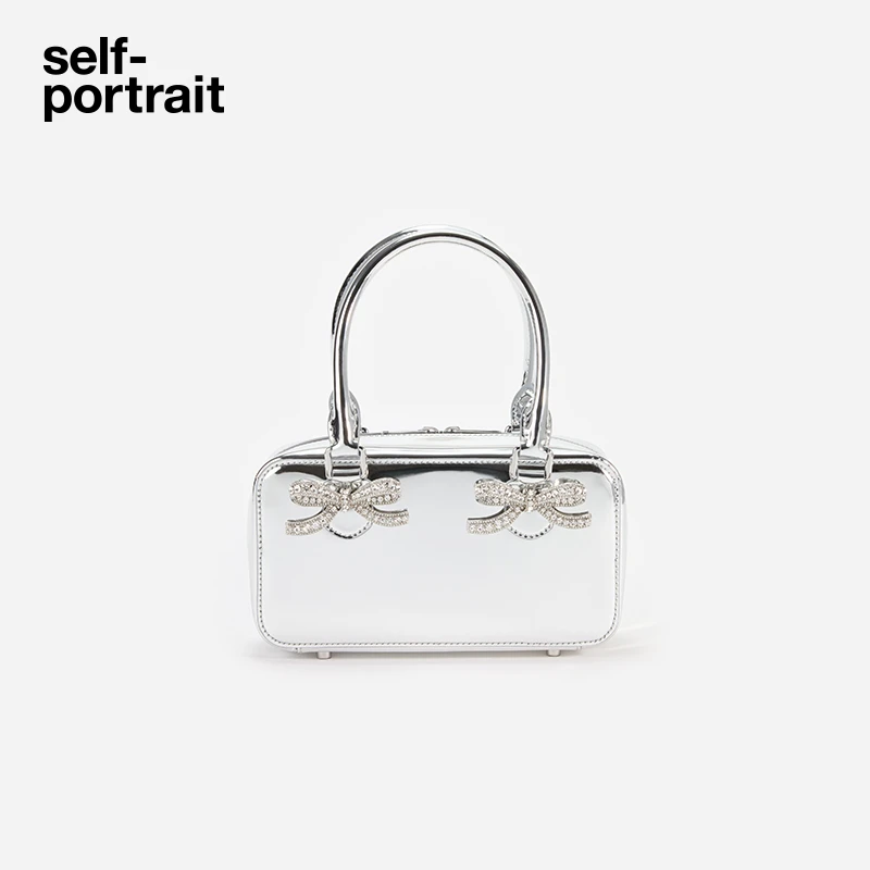 self-portrait新款银色百搭牛皮革波士顿包手提包