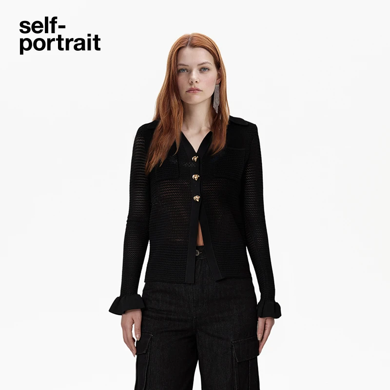 【奥莱】self-portrait 春夏新款经典黑罗纹针织钻饰长袖衬衫上衣