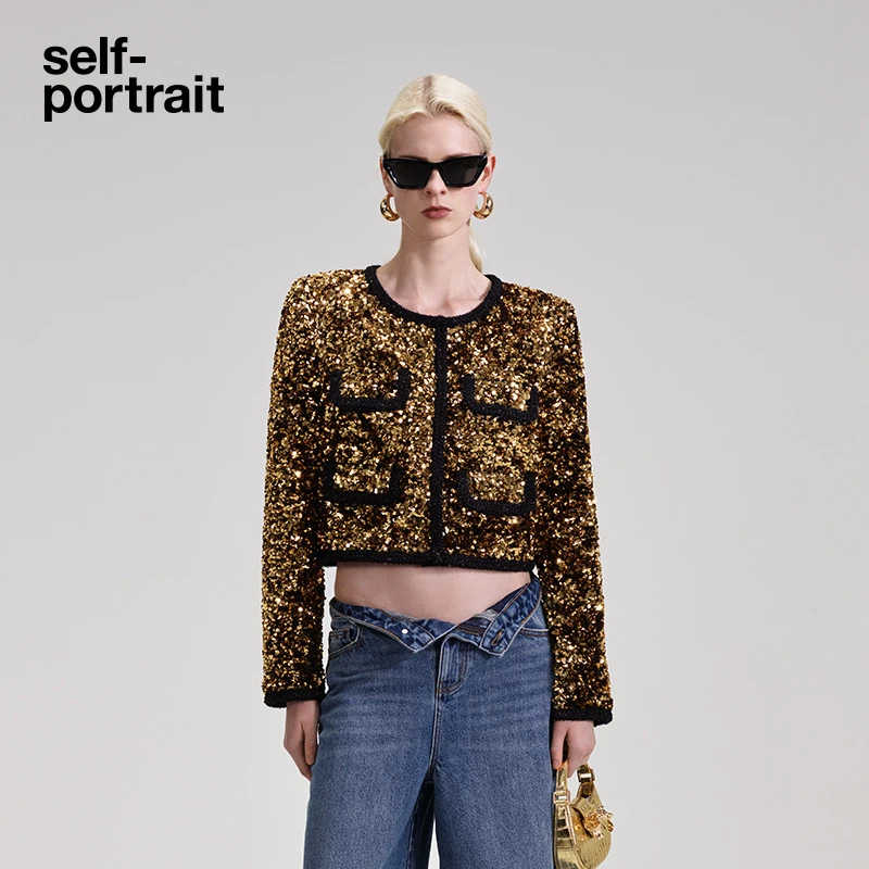 self-portrait 流光风咖金色复古亮片长袖圆领短款上衣外套