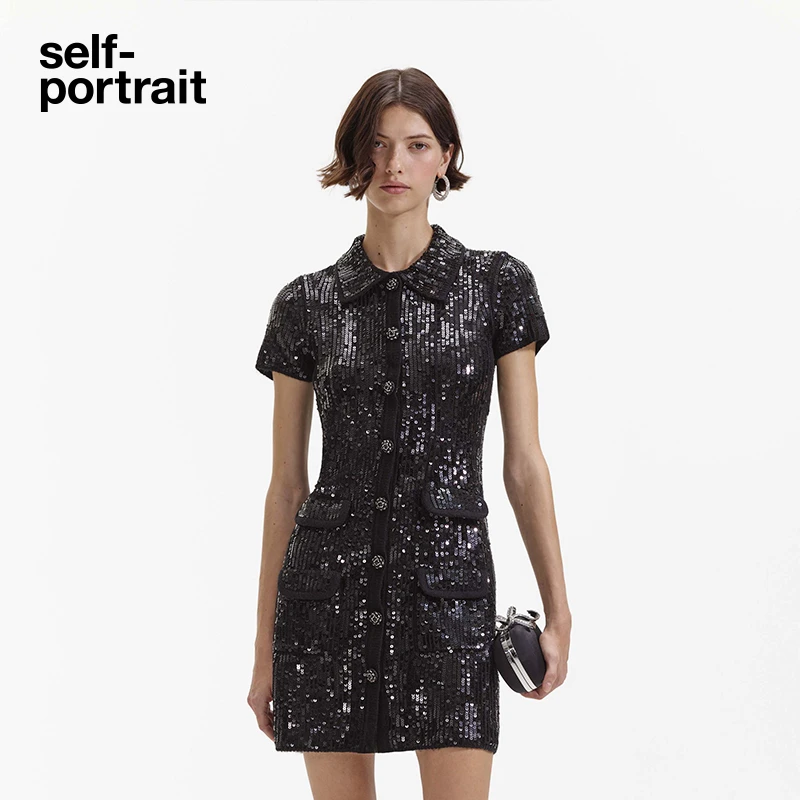 【奥莱】self-portrait 春夏经典黑量感鳞片短袖圆领针织连衣裙短裙