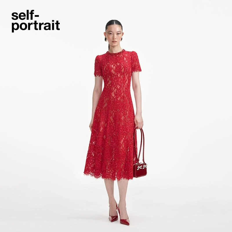 self-portrait 2025春夏红色气质钻饰细闪短袖收腰蕾丝订婚连衣裙